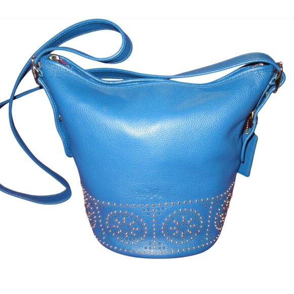 Coach Bleeker Cobalt Blue Pebbled Leather Studded Duffle Crossbody Bucket Bag - Picture 2 of 11